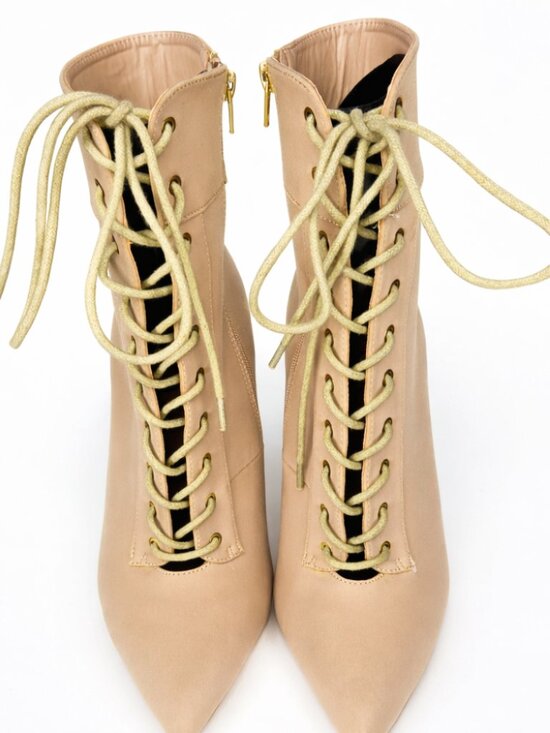 NEW Akira Beige Lace-Up Pointed Toe Ankle Booties Stiletto Heel Zip-Size 10 - Picture 2 of 3